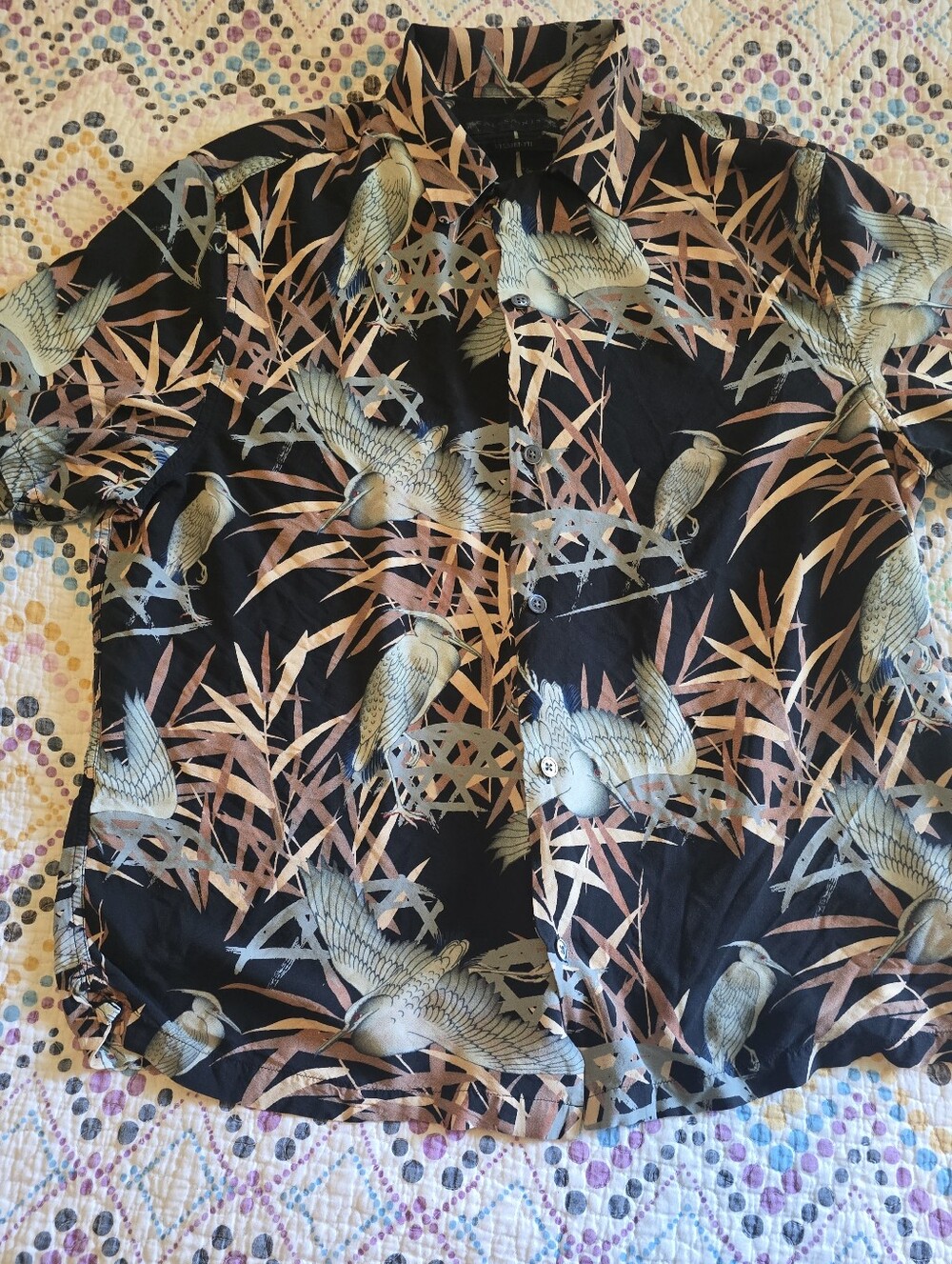 AllSaints Siber Relaxed Fit Bird Hawaiian Tropical button closure